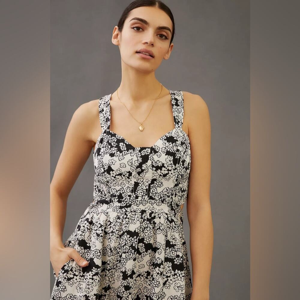 Anthropologie Printed Midi Dress‎ Black Floral Linen Blend Cutout Women’s Size S - Picture 2 of 13